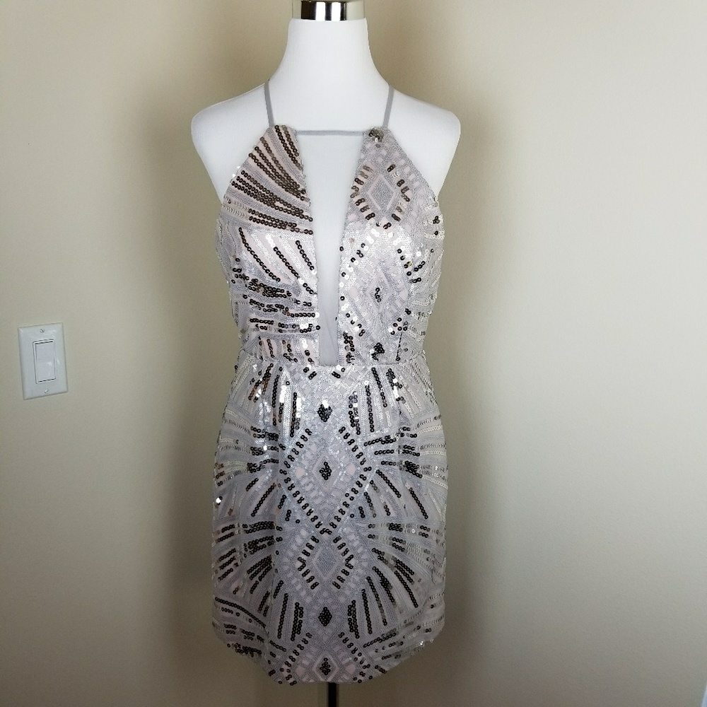 DEAR MOON Deep-V Front Back Sequin Cocktail Dress